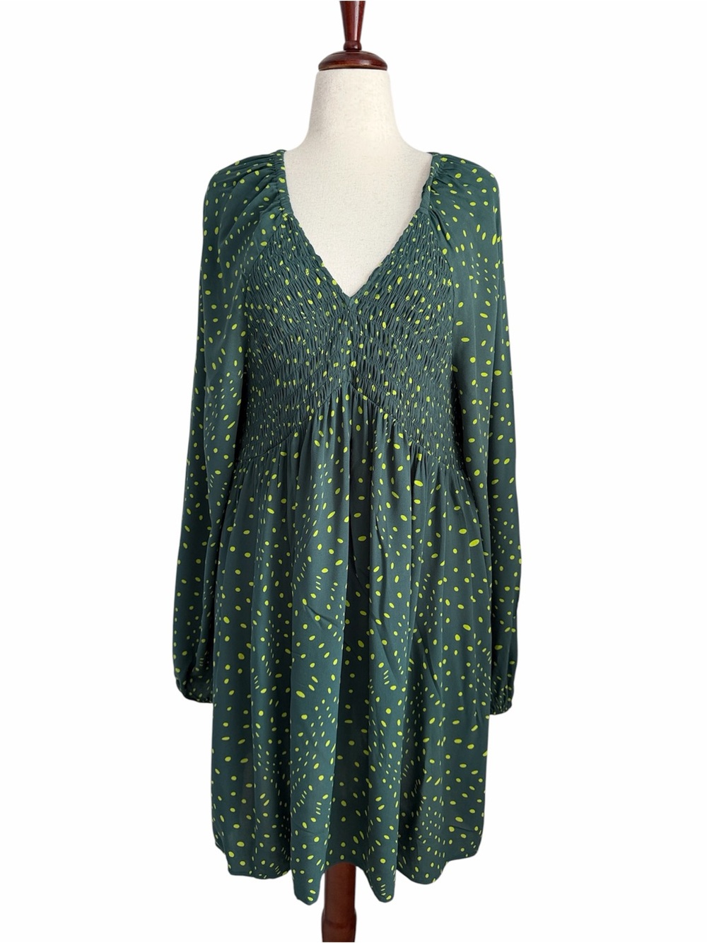 NWT BP Nordstrom 1X NWT Green Polka Dot Smocked Babydoll Dress Ecovero Viscose